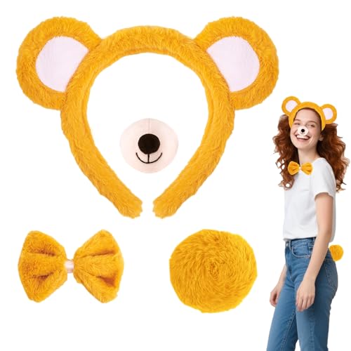 CAVETEE Niedliches, flauschiges Haarreif mit Nase, Fliege, Tierohren, Band für Halloween, Cosplay, Kostüm, Damen, Geschenk, Gelb, 4 Stück von CAVETEE