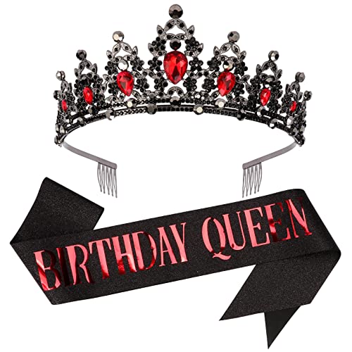 CAVETEE Rot Schwarz Geburtstag Krone und Schärpe für Frauen Geburtstag Königin Schärpe & Strass Tiara Set Rot und Schwarz Party Dekorationen Geburtstag Königin Kronen Tiaras für Frauen von CAVETEE