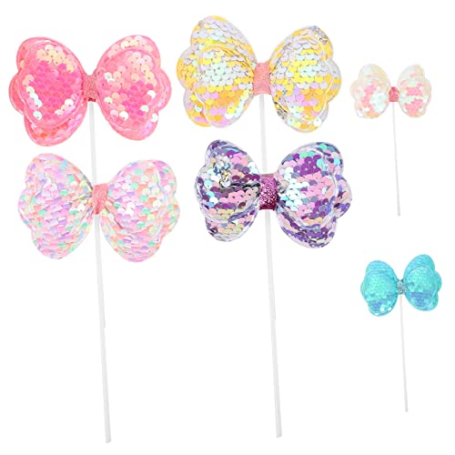 CAXUSD 6 Stück Glitzernde Sequin Bow Cupcake Toppers Bunte Kuchendekorationen für Hawaii Themengeburtstagsfeiern Cake Picks für Unvergessliche Partys von CAXUSD