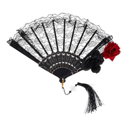 CAXUSD Schwarzer Spitzenfächer mit Zarter Spitze und Quaste Faltbarer Chinesischer Handfächer im Viktorianischen Gothic Lolita Stil Kompakt und Reisefreundlich für Halloween Hochzeit von CAXUSD