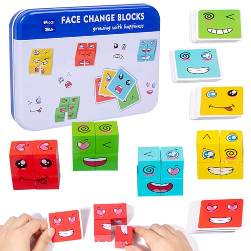 CBOSNF Holzwürfel Puzzle, Ausdruck Holzwürfel Puzzle,Face Change Rubiks Cube, Bunte Zauberwürfel Baustein Interaktion Spielzeug,Sensorik Spielzeug Bauwürfel Holzpuzzle Gesichter für Kinder von CBOSNF