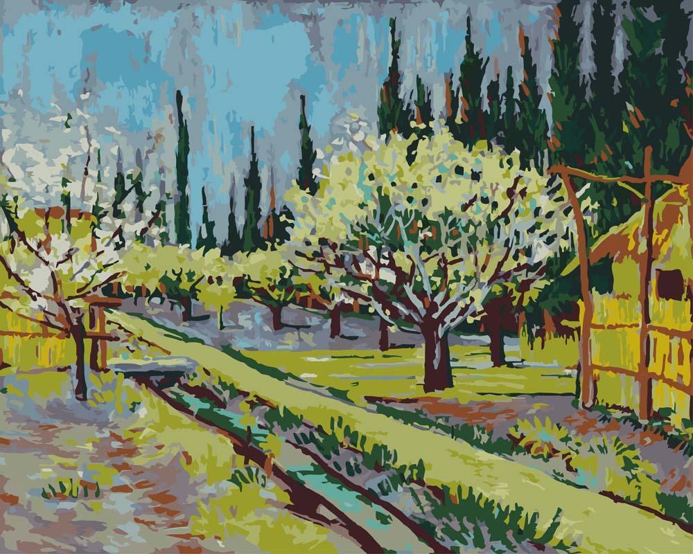 Malen nach Zahlen - Blühender Obstgarten, von Zypressen umgeben - Vincent van Gogh, mit Rahmen von CC0