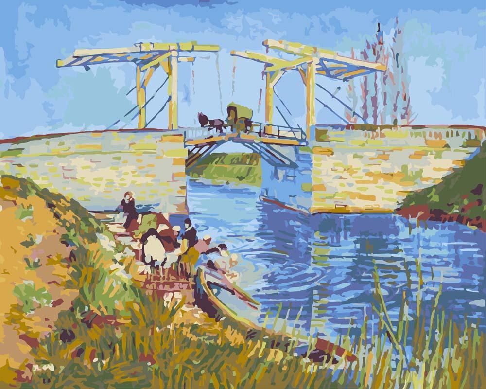 Malen nach Zahlen - Die Brücke von Langlois in Arles mit Wäscherinnen - Vincent van Gogh, mit Rahmen von CC0