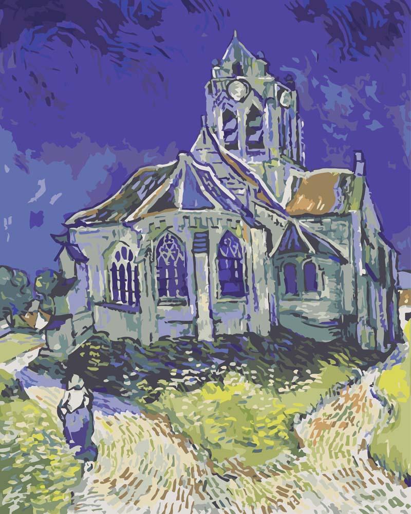 Malen nach Zahlen - Die Kirche von Auvers - Vincent van Gogh, mit Rahmen von CC0