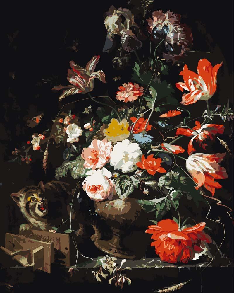 Malen nach Zahlen - Die Umgeworfenen Bouquet von Abraham Mignon, mit Rahmen von CC0