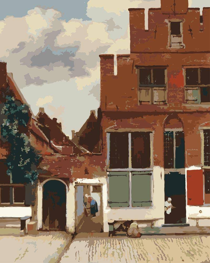 Malen nach Zahlen - Die kleine Straße - Johannes Vermeer, mit Rahmen von CC0