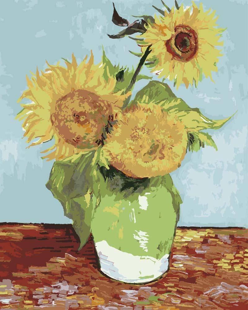 Malen nach Zahlen - Drei Sonnenblumen in einer Vase - Vincent van Gogh, mit Rahmen von CC0