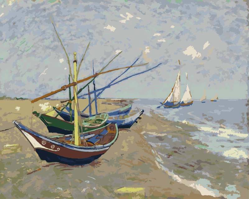 Malen nach Zahlen - Fischerboote am Strand von Les Saintes-Maries-de-la-Mer - Vincent van Gogh, mit Rahmen von CC0