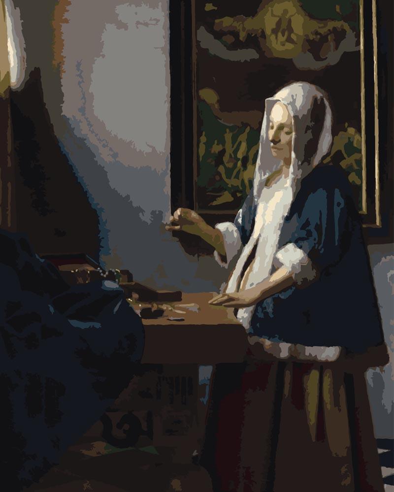 Malen nach Zahlen - Frau mit Waage - Johannes Vermeer, mit Rahmen von CC0