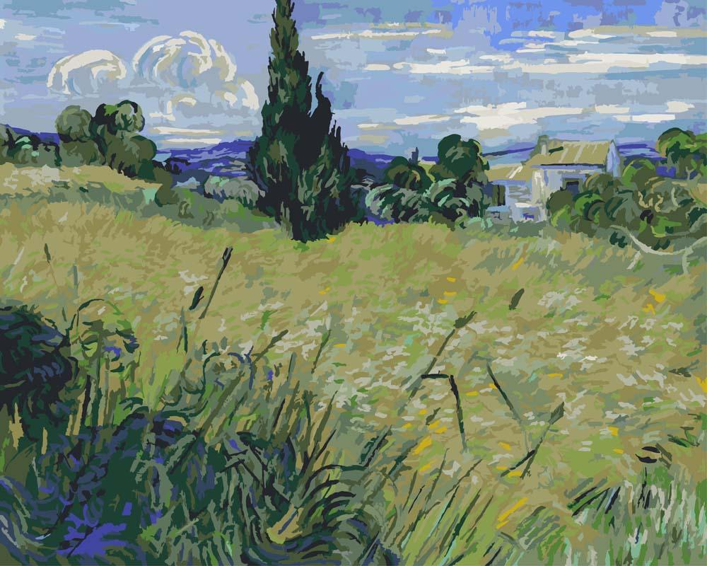 Malen nach Zahlen - Grünes Weizenfeld mit Zypresse - Vincent van Gogh, mit Rahmen von CC0