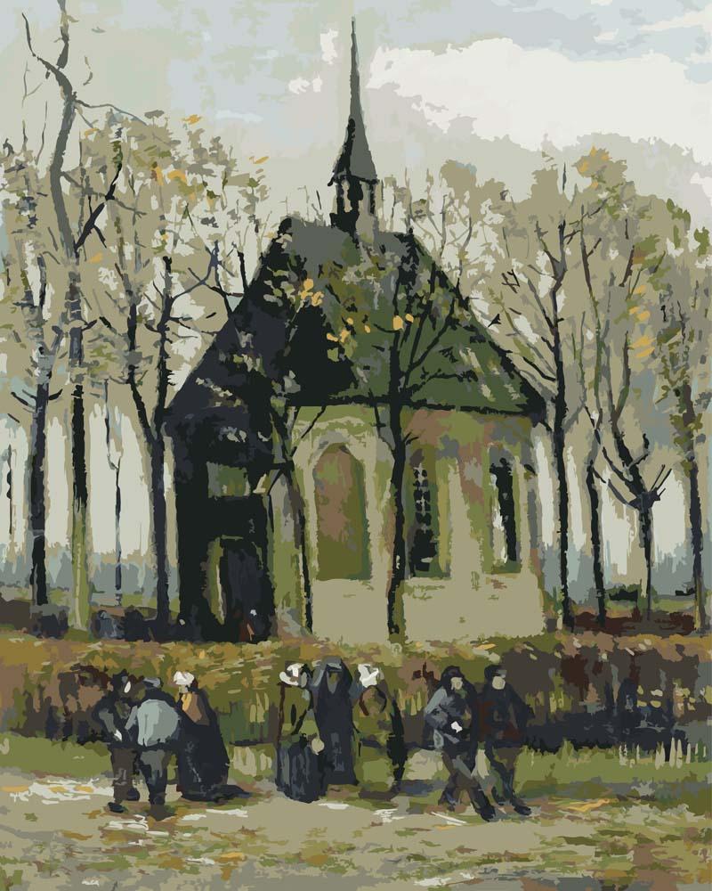 Malen nach Zahlen - Kongregation verlässt die reformierte Kirche in Nuenen - Vincent van Gogh, ohne Rahmen von CC0