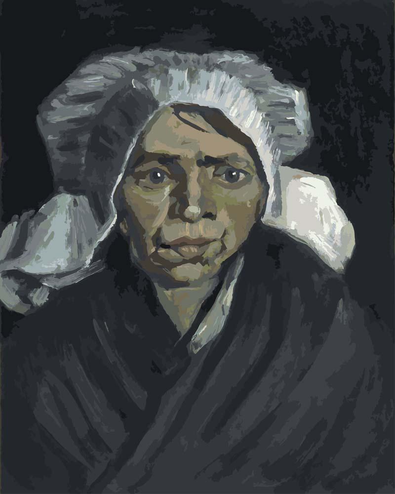 Malen nach Zahlen - Kopf einer Bäuerin mit weißer Haube - Vincent van Gogh, mit Rahmen von CC0