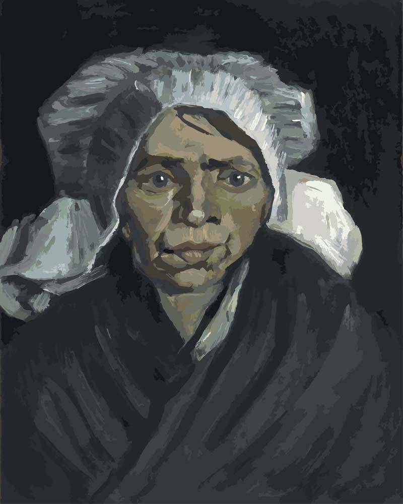Malen nach Zahlen - Kopf einer Bäuerin mit weißer Haube - Vincent van Gogh, mit Rahmen von CC0