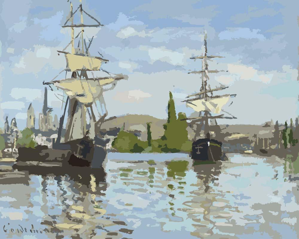 Malen nach Zahlen - Schiffe fahren auf der Seine bei Rouen - Claude Monet, mit Rahmen von CC0