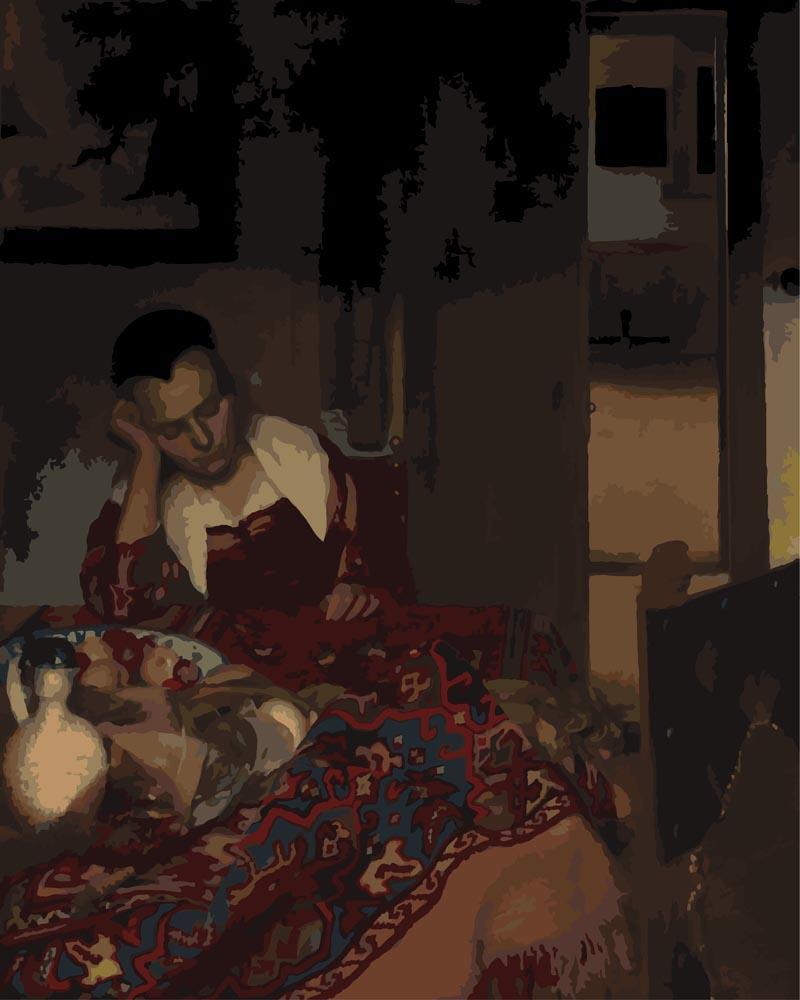 Malen nach Zahlen - Schlafendes Mädchen - Johannes Vermeer, mit Rahmen von CC0