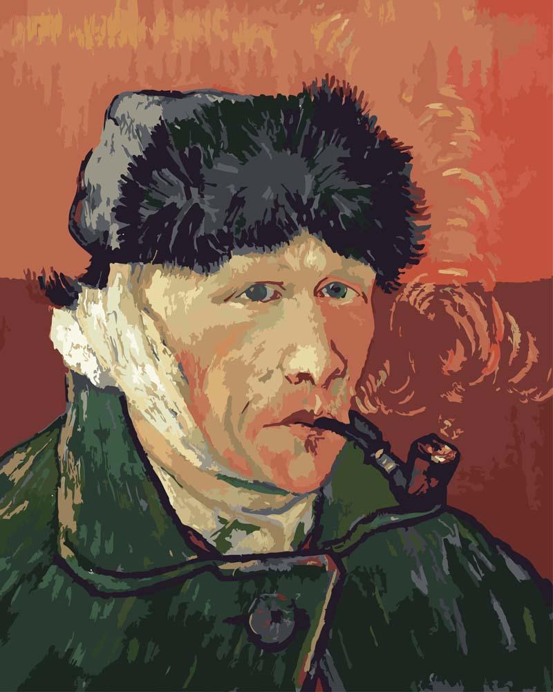 Malen nach Zahlen - Selbstbildnis mit verbundenem Ohr und Pfeife - Vincent van Gogh, mit Rahmen von CC0