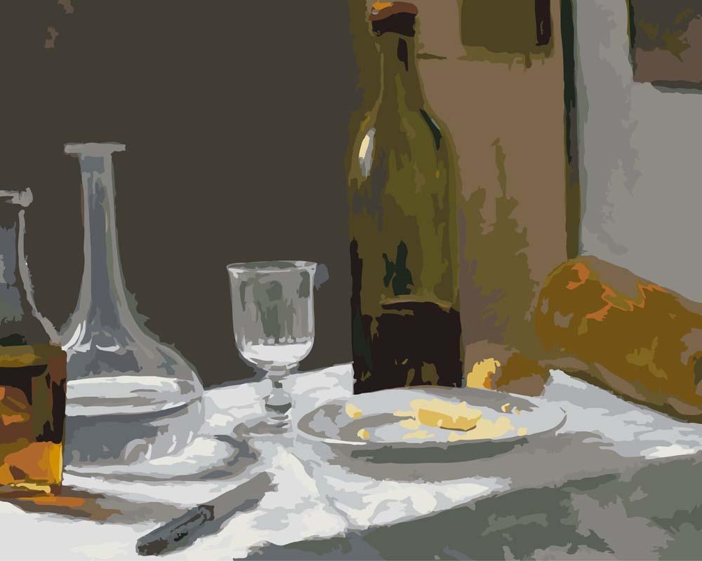 Malen nach Zahlen - Stillleben mit Flasche, Karaffe, Brot und Wein - Claude Monet, mit Rahmen von CC0