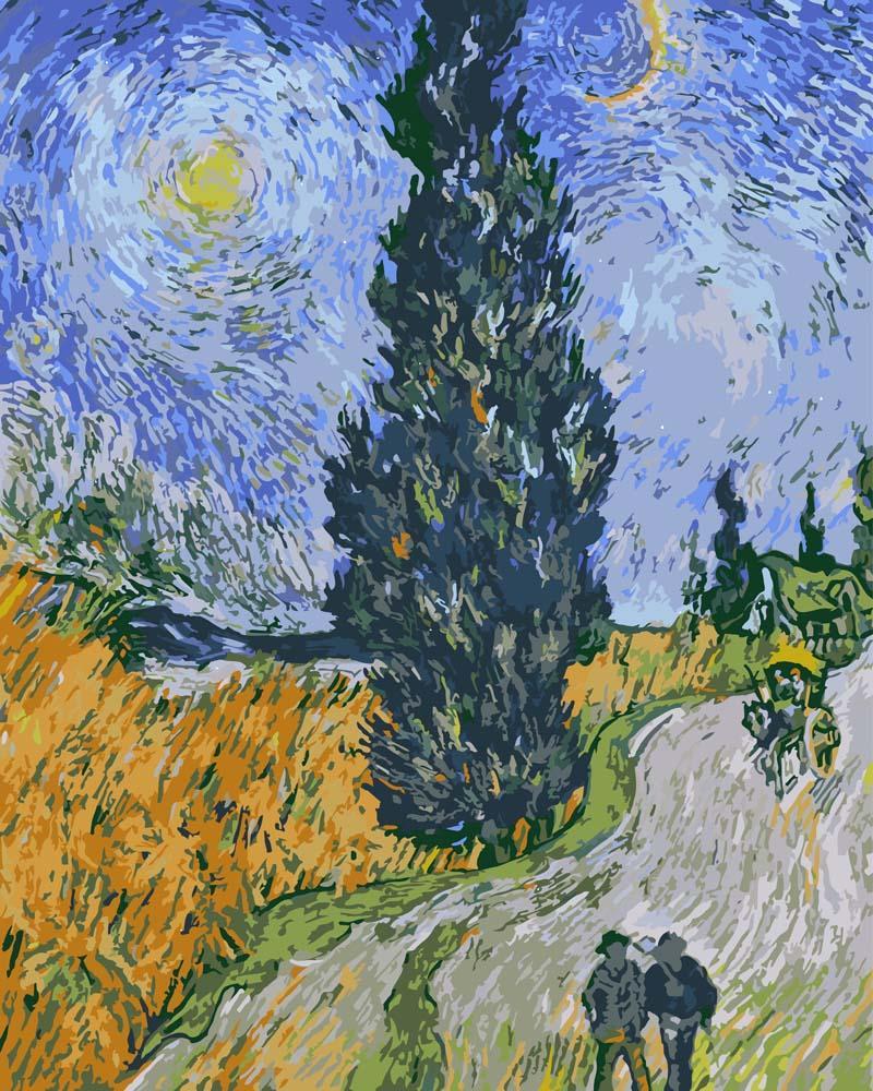 Malen nach Zahlen - Straße mit Zypresse und Stern - Vincent van Gogh, mit Rahmen von CC0