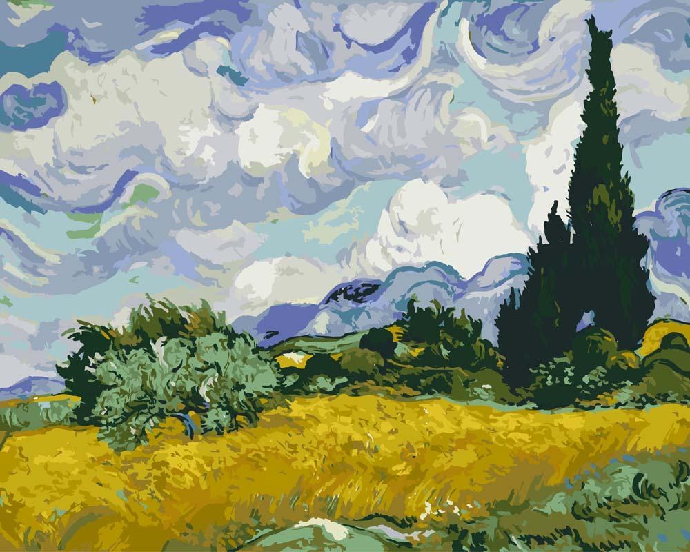 Malen nach Zahlen - Weizenfeld mit Zypressen - Vincent van Gogh, mit Rahmen von CC0
