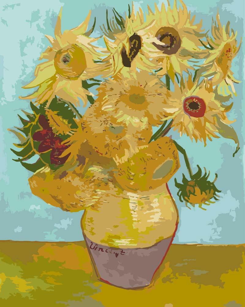 Malen nach Zahlen - Zwölf Sonnenblumen in einer Vase - Vincent van Gogh, mit Rahmen von CC0