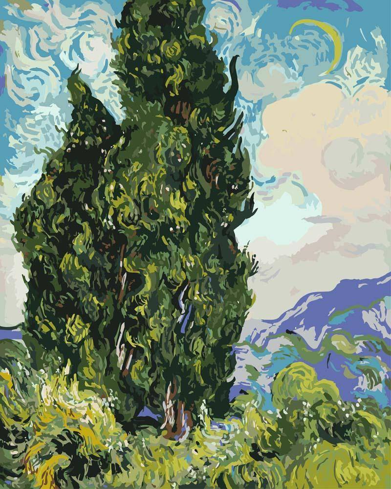 Malen nach Zahlen - Zypressen - Vincent van Gogh, mit Rahmen von CC0