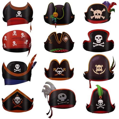 CCCYMM Piratenhüte aus Papier, Totenkopf-Piraten-Party-Zubehör, Kapitän-Kostüm, Kappe für Halloween, Dekoration, Cosplay, Maskerade, Kopfbedeckung, 12 Stück von CCCYMM