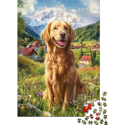 Golden Retriever Puzzle 1000 Teile Schwer Puzzle Spielzeug Lernspiel Impossible Blume Field Herausforderungsspielzeug Für Erwachsene Kinder 1000pcs (75x50cm) von CCIZFMQ