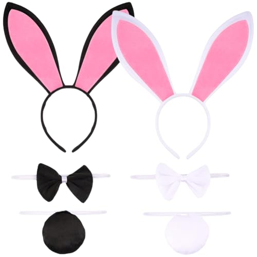 CDLIZW Hasenohren Haarreif Set,2 Stück Hasenohren-Stirnbänder,Ohren Haarreif Kostüm Zubehör,Häschen Stirnband Rabbit Bunny Ears mit Fliege und Schwanz für Kinder Erwachsene Karneval Cosplay Party von CDLIZW