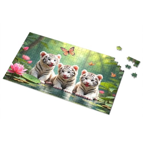 300-teiliges Puzzle mit drei weißen Tigerjungen in einem ruhigen Garten, Bilder-Puzzle, 300-teiliges Puzzle für Kleinkinder 2–4 (1000 Teile) von CDSS