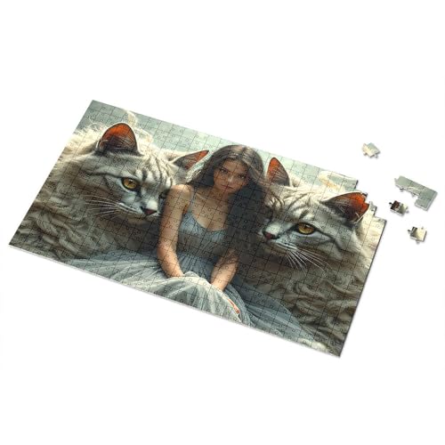 Ostergeschenke für Kleinkinder, Mädchen mit riesigen Katzen: ein Fantasy-Kunst-Porträt, Bilder-Puzzle, 500 Teile Puzzlebrett (1000 Teile) von CDSS
