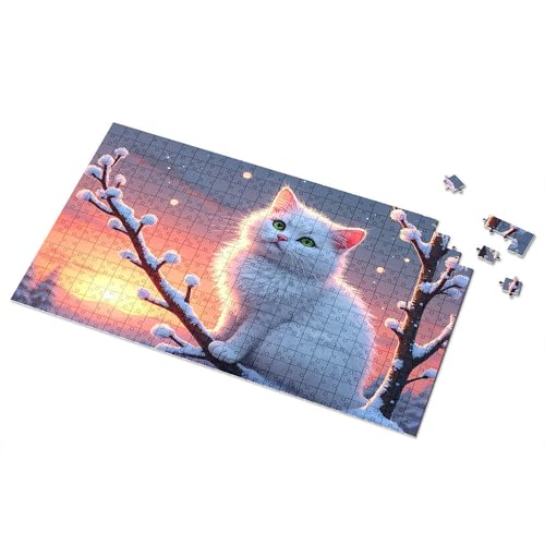 Puzzle, 500 Teile, weiße Katze auf verschneitem Ast bei Sonnenuntergang, Bilderpuzzle, Puzzle, 500 Teile (300 Teile) von CDSS