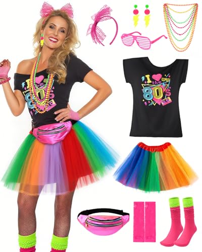 CEELGON 80er Jahre Outfit für Damen 1980er Jahre Accessoires Kostüm 1980 Stil Kleid Kleidung Neon T-Shirt Tutu Rock Socken, Mehrfarbig/Meereswellen (Ocean Tides), 3XL von CEELGON