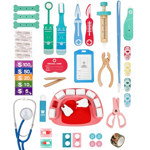 Arztkoffer Holz Set - Doktorkoffer 34-TLG. Rollenspiel mit Spritze, Zähnen, Stethoskop, Zahnbürste & Koffer - Lernspielzeug für Kinder ab 3 Jahren, Arzt Praxis aus Holz von CELMAN
