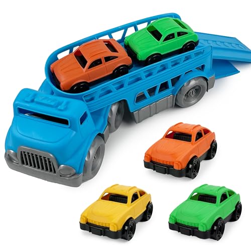 CELMAN Autotransporter Spielzeug - LKW mit Anhänger + Autos, Bio Sandspielzeug für Mädchen & Jungen, BPA-frei, spülmaschinenfest, für Garten & Sandkasten von CELMAN