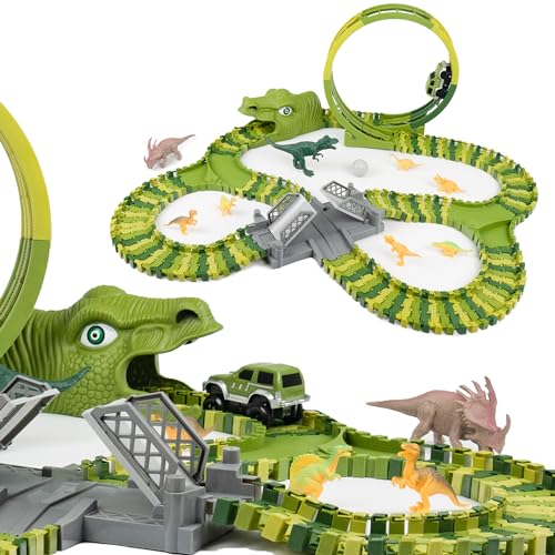CELMAN Dinosaurier Rennbahn – Flexibles Rennbahnset für Kinder, Kreatives Dino Spielzeug mit viele Teilen und Geländewagen – Pädagogisches Konstruktionsspielzeug ab 3 4 5 6 7 8 Jahren (D-159) von CELMAN