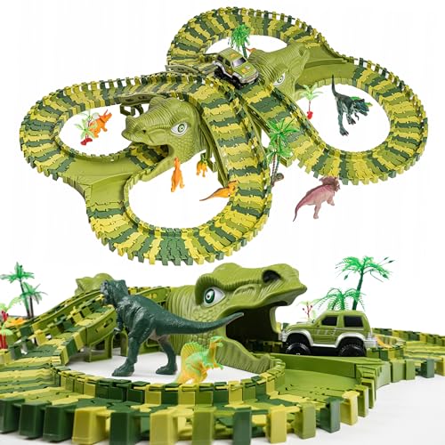 CELMAN Dinosaurier Rennbahn – Flexibles Rennbahnset für Kinder, Kreatives Dino Spielzeug mit viele Teilen und Geländewagen – Pädagogisches Konstruktionsspielzeug ab 3 4 5 6 7 8 Jahren (D-200) von CELMAN