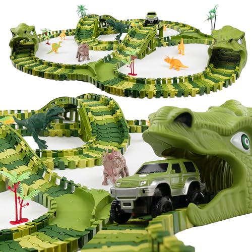 CELMAN Dinosaurier Rennbahn – Flexibles Rennbahnset für Kinder, Kreatives Dino Spielzeug mit viele Teilen und Geländewagen – Pädagogisches Konstruktionsspielzeug ab 3 4 5 6 7 8 Jahren (D-240) von CELMAN