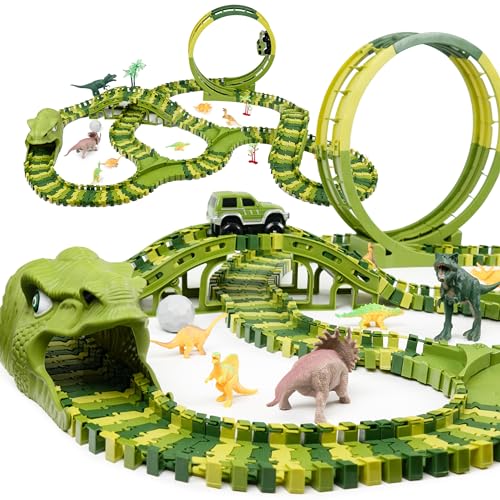 CELMAN Dinosaurier Rennbahn – Flexibles Rennbahnset für Kinder, Kreatives Dino Spielzeug mit viele Teilen und Geländewagen – Pädagogisches Konstruktionsspielzeug ab 3 4 5 6 7 8 Jahren (D-260) von CELMAN