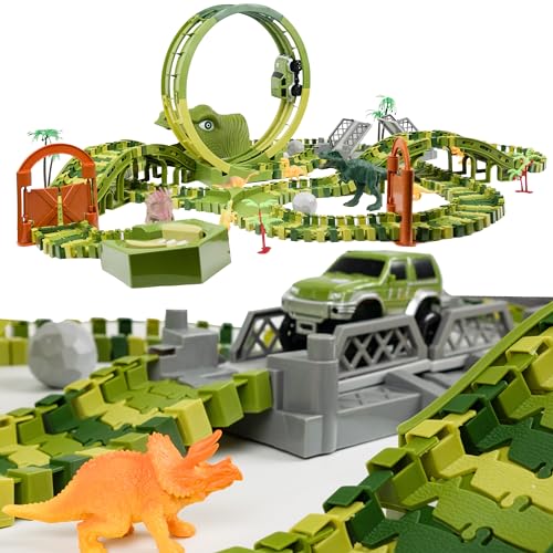 CELMAN Dinosaurier Rennbahn – Flexibles Rennbahnset für Kinder, Kreatives Dino Spielzeug mit viele Teilen und Geländewagen – Pädagogisches Konstruktionsspielzeug ab 3 4 5 6 7 8 Jahren (D-324) von CELMAN