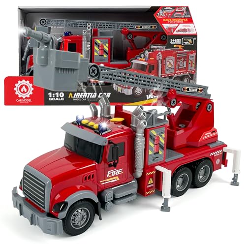 CELMAN Feuerwehrauto Groß - Interaktives Feuerwehr mit Wasserstrahl, Dampf & Sound, Maßstab 1:10, Große Spielzeug für Kinder ab 3 Jahren (Feuerwehrauto mit Drehleiter) von CELMAN