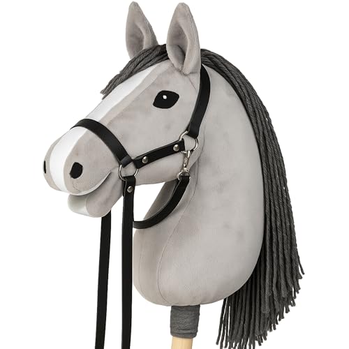 CELMAN Hobby Horse Steckenpferd Grau mit Zaumzeug & Leine – A3 Kopfgröße – Großer Reitspaß für Kinder – Realistisch & Weich – Holzstab von CELMAN