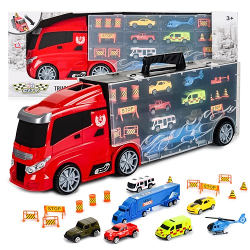 CELMAN LKW Transporter mit Mini Autos, Spielzeug-LKW zur Aufbewahrung, inkl. 7 Fahrzeuge und Zubehör, mit Abschussrampe, sicher für Kinder ab 3 Jahren von CELMAN