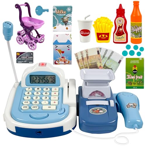Celman Kinder Kasse mit Scanner und Sound – Spielzeug Supermarktkasse mit Rechner & Zubehör (Blau) von CELMAN