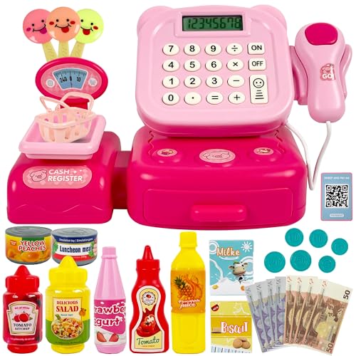 Celman Kinder Kasse mit Scanner und Sound – Spielzeug Supermarktkasse mit Rechner & Zubehör (Rosa) von CELMAN