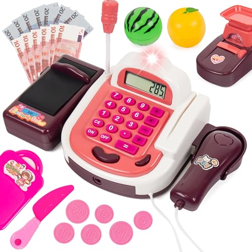 Celman Kinder Kasse mit Scanner und Sound – Spielzeug Supermarktkasse mit Rechner & Zubehör (Rot) von CELMAN