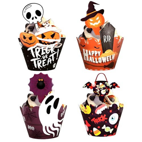 48er-Pack Halloween Kuchen Dekorationen, 24 Kuchenumrandungen & 24 Cupcake Topper mit Geist, Kürbis und Fledermaus für Halloween Party & Geburtstagskuchen von CENCERY