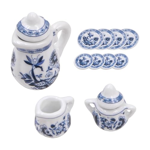 CENPEK Puppenhaus-Teeservice Aus Keramik, 1:12, Puppenhaus-Zubehör Mit Mini-Gabel, Löffel, Besteck Für Puppenhaus-Szenendekoration – Blaues Und Weißes Porzellan von CENPEK