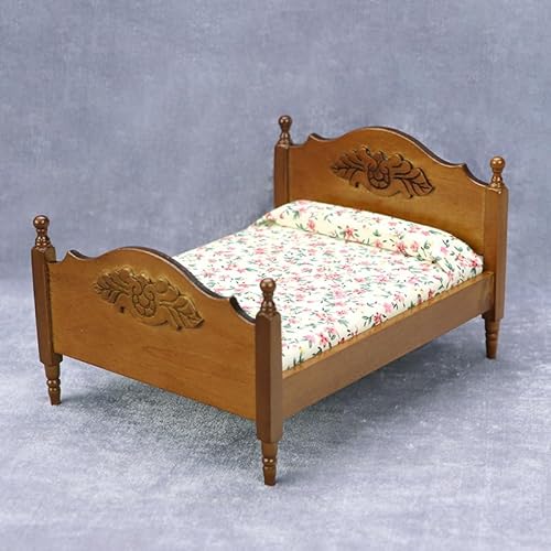 Puppenhaus Möbel, Puppe Vintage Bett 1:12 Maßstab Miniatur Puppenhaus Vintage Holzbett Mini Wohnzimmer Schlafzimmer Puppen & Zubehör DIY Puppenhaus Dekorationen für Mädchen (Braun) von CEOSPERE