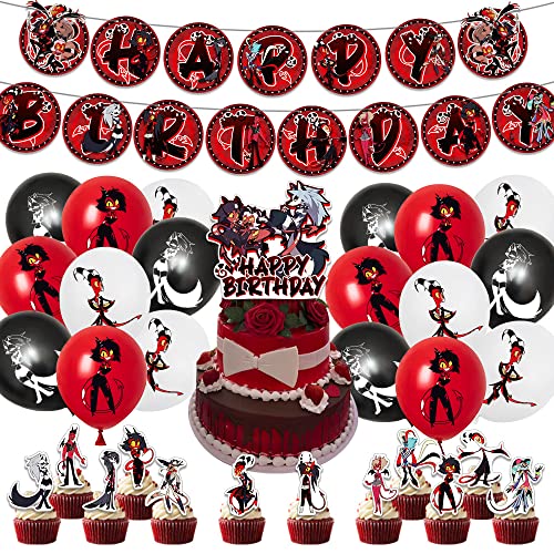 32 Stück Helluva Boss Geburtstags Thema Party Dekorationen Banner Kuchen Flagge Ballon Set Cartoon Thema Party Kuchen Toppers von CEPTOR