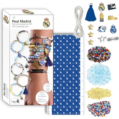 Real Madrid Armband Set mit bunten Perlen des Vereins, Gummibänder und Schilden für Fußballfans von CERDÁ LIFE'S LITTLE MOMENTS